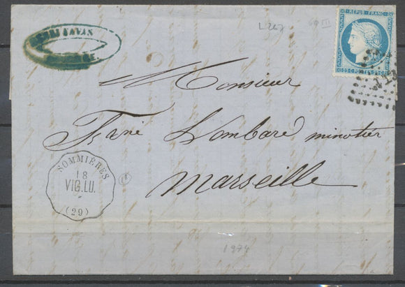 1874 Lettre N°60 obl amb. Convoyeur Station SOMMIERES VIG.LU. GARD(30) P2712