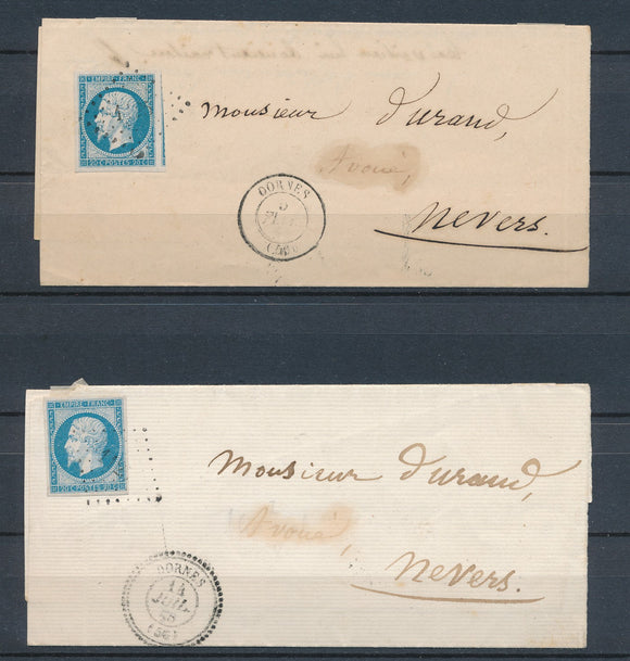 2 lettres N°14 obl PC1125 DORNES CAD T 15 ET T22 perlé NIEVRES(56) TB. P2725