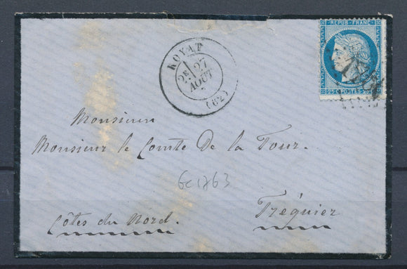 1874 env. N°60 GC1763 ROYAT REMPLACANT DE HATTEN PUY DE DOME(62) RR P2739