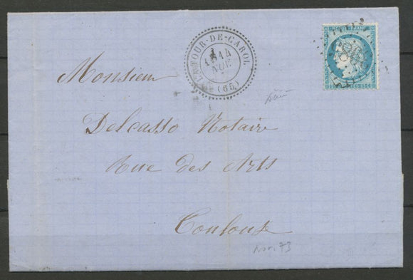 1873 Lettre N°60 Obl CAD T24 perlé GC3985 LA TOUR-DE-CAROL PO(65) Sup. P2875