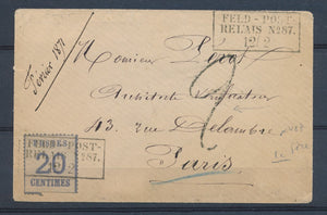 1871 Alsace Lorraine 20c Obl FELDPOST RELAIS N°87 LA FERE pr PARIS RRR. P2953