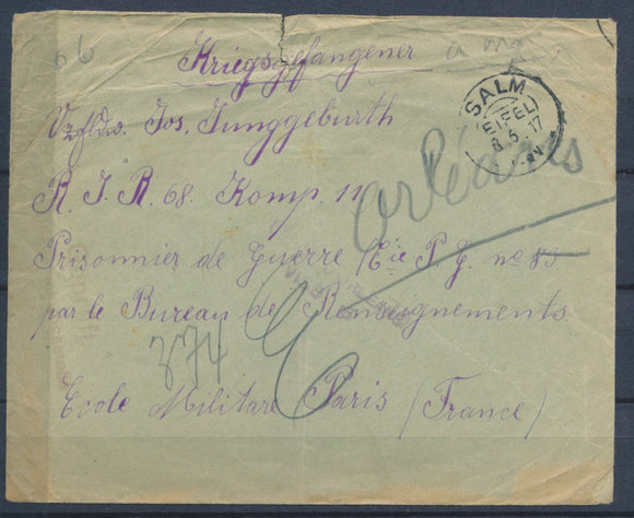 1917 enveloppe Prisonnier à SALM pour Paris + censure Visé à Orléans P2979