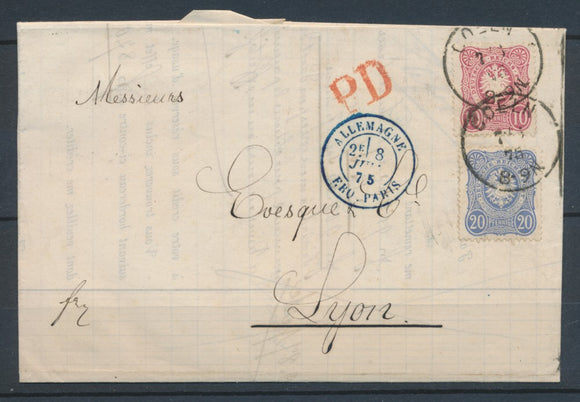 1875 Lettre à 30pf de Cologne pour Lyon +PD rge + cad Bleu Allemagne Sup P3015