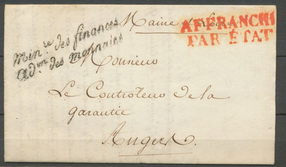 1826 Lettre Franchise Ministère des finances Don des monnaies P3128