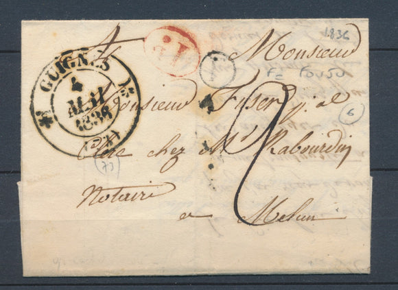1836 Lettre CAD T12 1 fleuron GUIGNES + BR F FOUJU SEINE&MARNE(73) TB. P3183