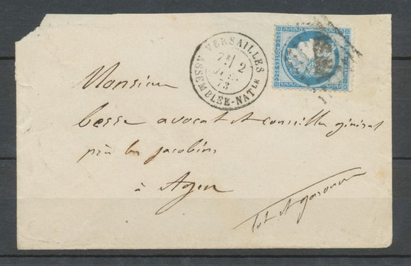 1873 Lettre obl losange ASNA CAD T18 de Versailles Assemblée Nale C 400€ P3587