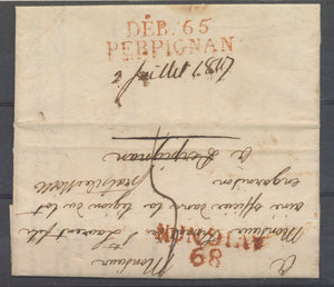1817 Marque des PO déboursé DEB 65 DE PERPIGNAN en rouge Superbe. P3675