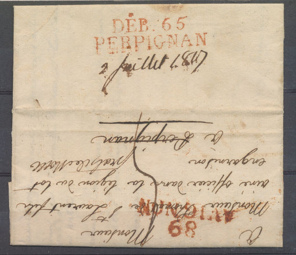 1817 Marque des PO déboursé DEB 65 DE PERPIGNAN en rouge Superbe. P3675