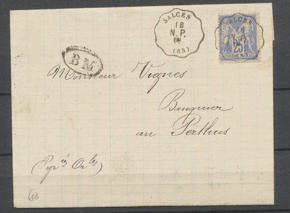 1877 Lettre Sage 25c bleu obl Convoyeur SALCES N.P. 65-PYRENNES ORIENTALES P3703