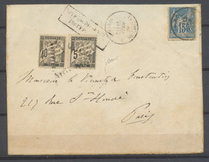 1883 Env. avec taxes N°14 et 19 obl T + N°90 15c bleu Paris pour Paris P3720