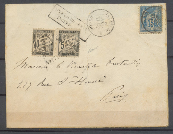1883 Env. avec taxes N°14 et 19 obl T + N°90 15c bleu Paris pour Paris P3720