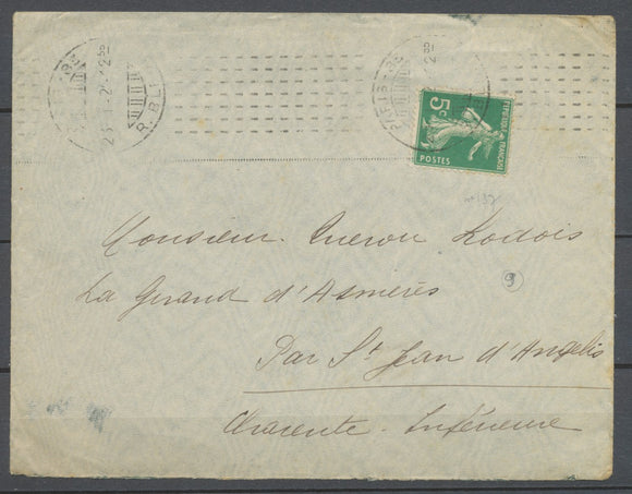 1912 Lettre Obl MACHINE CHAMBON Rue BLEUE avec N°137 TB. P3746