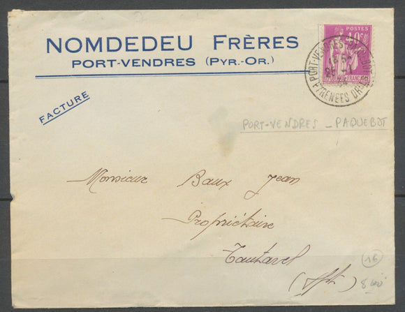 1934 Env. 40c pasteur Obl PORT-VENDRES/PAQUEBOT PYRENNES ORIENTALES P3749