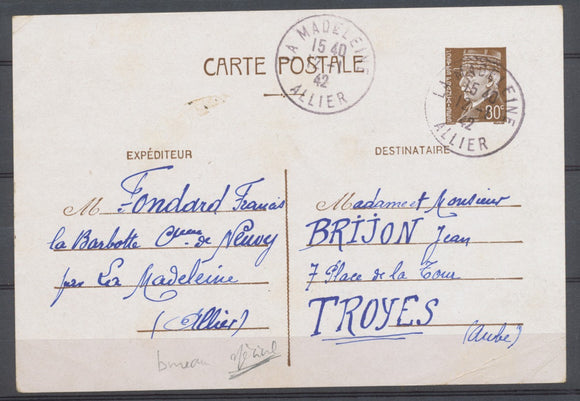 1942 Sur EP Très rare Cachet du Bureau Temporaire LA MADELEINE ALLIER P3758