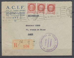 1942 Lettre en reco à 4F50 Cachet Violet Chambre de commerce de Paris RR P3759