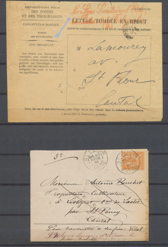 1901 Lettre Mouchon 15c tombée en rebuts+ env réexpédition des postes Rare P3775