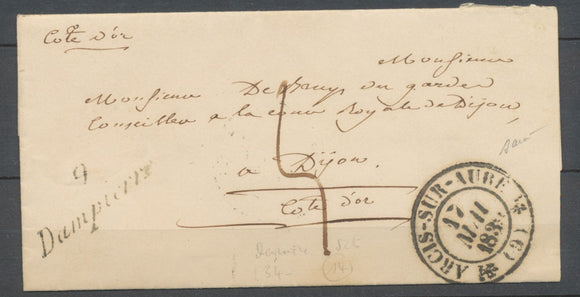 1839 Lettre Cursive 9 dampierre + Grand Cad ARCIS-SUR-AUBE Superbe Signée P3789