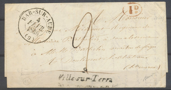 1846 Lettre Marque 9 VILLE-SUR-TERRE 45mm+ CAD T13 BAR-SUR-AUBE P3794