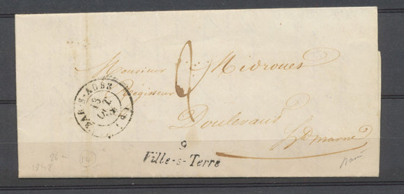 1848 Lettre Marque 9 VILLE-SUR-TERRE 26mm+ CAD T15 BAR-SUR-AUBE P3795