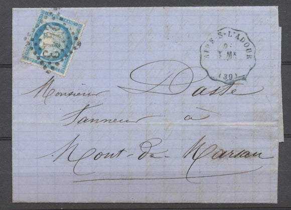 1873 Lettre N°60 Obl. Convoyeur station Aire-Sur-L'Adour T.Mx. en bleu P3820