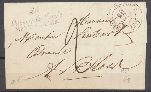 1832 Lettre Cursive Double 40 Ouzouer-le-Marché + CAD T 13 MEUN-S-LOIRE P3825