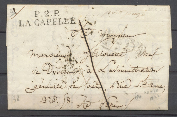 1822 Lettre en port payé P2P LA CAPELLE 40x10mm AISNE Superbe. P3880