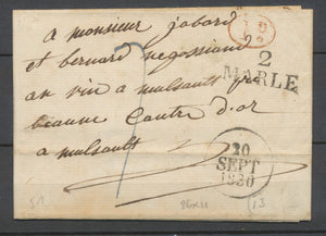 1830 Lettre Marque linéaire 2 MARLE AISNE + 1d Rouge, association rare. P3886