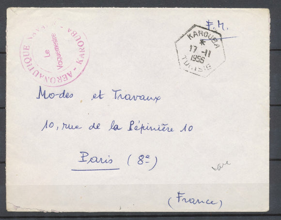 1956 Lettre TUNISIE obl KAROUBA HEXAGONAL + base aéronautique rouge SUP. P3968