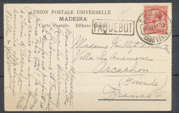 1913 Postcard Great Britain 1P rouge Obl VICENZE/CABO VERD + PAQUEBOT SUP. P3971