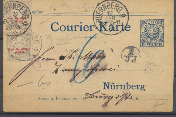 1897 Germany Karte 1 1/2 Pfennig + 2*3p Cancelled NUERBERG SCARCE. P3973