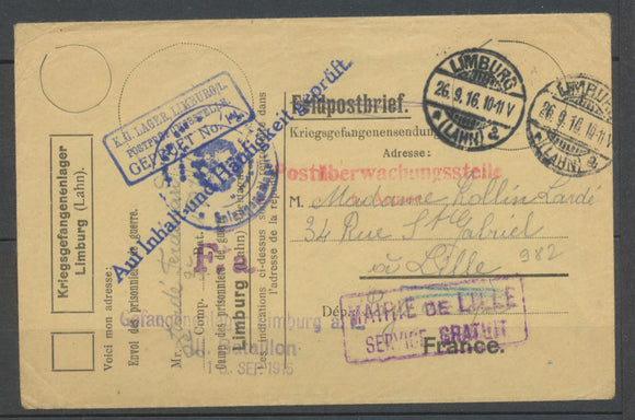 1916 Env formule d'une déportée au CAMP DE LIMGURG + griffe LILLE Serv.... P3977
