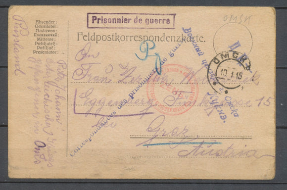 1915 CP d'un prisonnier AUTRICHIEN A OMSK 4 griffes + censures SUPERBE. P3979