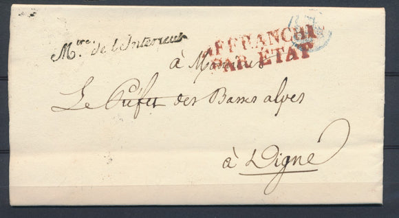 1830 Lettre en Franchise Griffe Mtre de l'intérieur + Affranchi par ETAT P4111