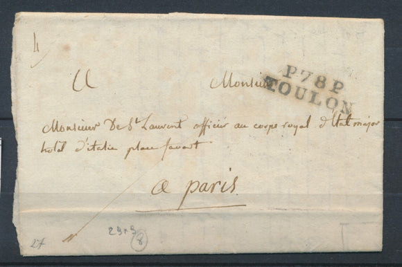 1828 Lettre Marque linéaire port payé P78P Toulon Noir 29x9mm VAR (78) TB P4144