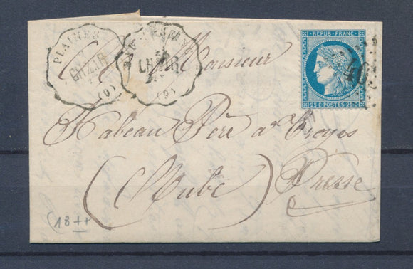 1872 Lettre Convoyeur Station Plaines CHSS.TR + BAR-S-SEINE annulé AUBE(9) P4358