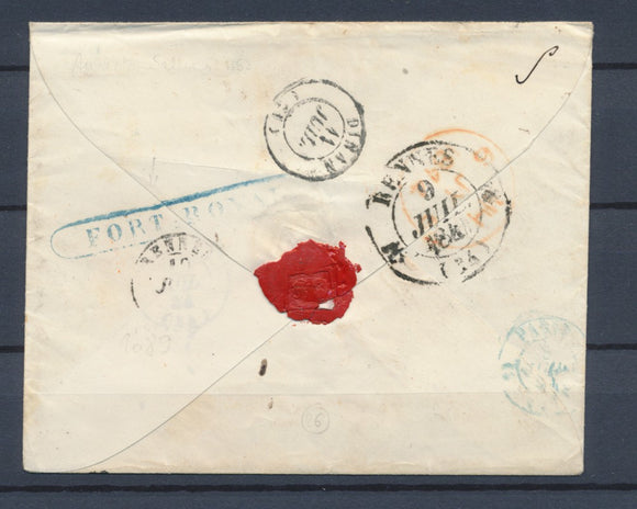 1844 Griffe Bleue FORT ROYAL au dos d'une enveloppe. RRR P4382