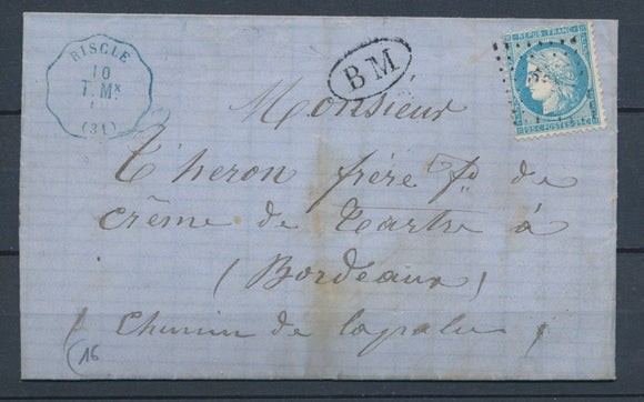 1872 Lettre N°60 Obl Convoyeur Station RISCLE T.Mx. Bleue + BM GERS(31) P4427