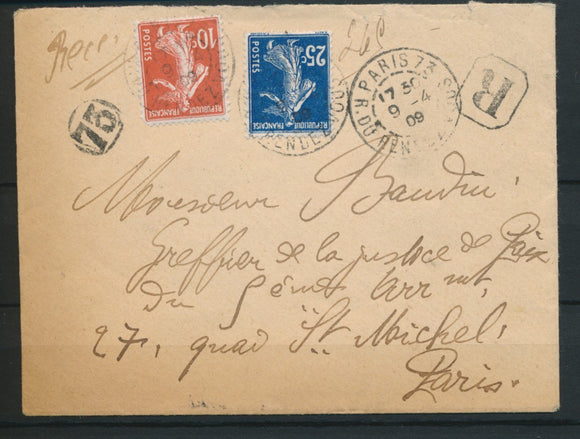 1909 Lettre Semeuse 10c +25c Obl Rue du rendez-vous de Paris pr Paris P4486