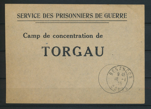 1945 étiquette rare Camp de concentration de TORGAU + CAD Besançon P4487