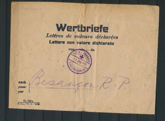 1915 très rare enveloppe des Postes WERTBRIEFE + BERN-TRANSIT P4488