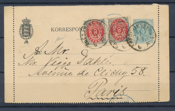 1889 Danemark Entier CL 4 ore Bleu + paire 8 ore pr Paris P4508