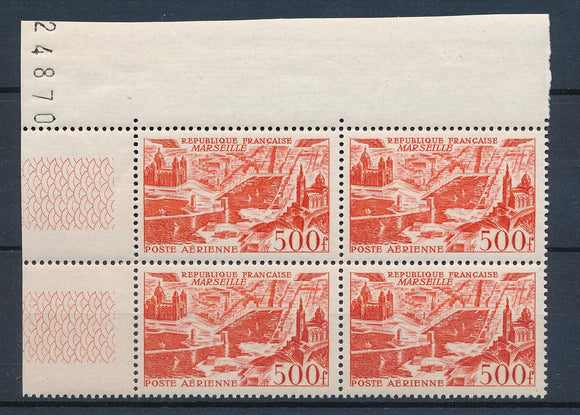 1949 TIMBRE POSTE AERIENNE Bloc de 4 N°27 500f rouge Marseille N** P4550