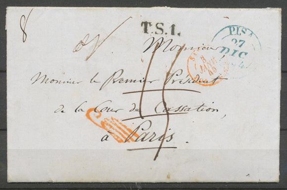 1844 Lettre de Pise Italie taxée puis Franchise à détaxer, + griffe Rge P5184