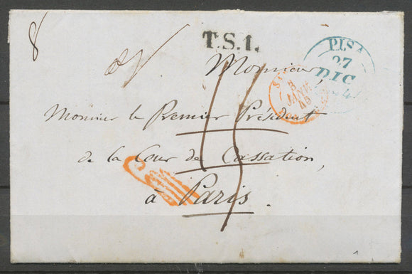 1844 Lettre de Pise Italie taxée puis Franchise à détaxer, + griffe Rge P5184