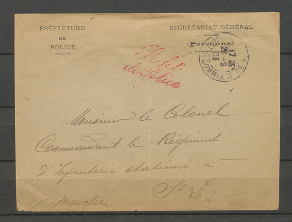 1903 Enveloppe en franchise Griffe Rouge Préfet de Police. P5198