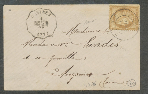 1876 Lettre Convoyeur-station CASTR.M Castres ligne Castres-Mazamet RRR P544