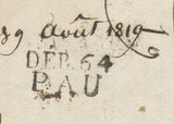 1819 Lettre 74 FORGES avec DEBOURSES DEB64 PAU. RARE P564