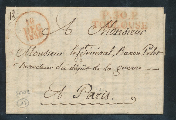 1830 Lettre Marque P.30.P TOULOUSE rouge + Bloc Dateur A TB RARE. P573