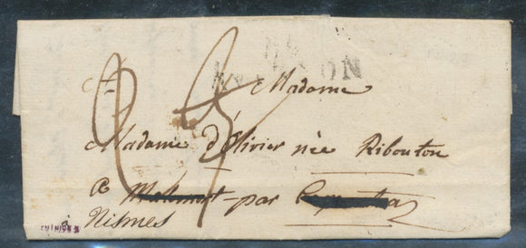 1823 Lettre pour 86 Avignon + DEBOURSES DEB 89 CARPENTRAS dos RR P646