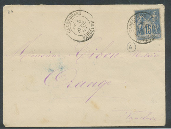 Lettre de 1887 avec Sage N°90 15c bleu (II) CAD Caderousse TB P649